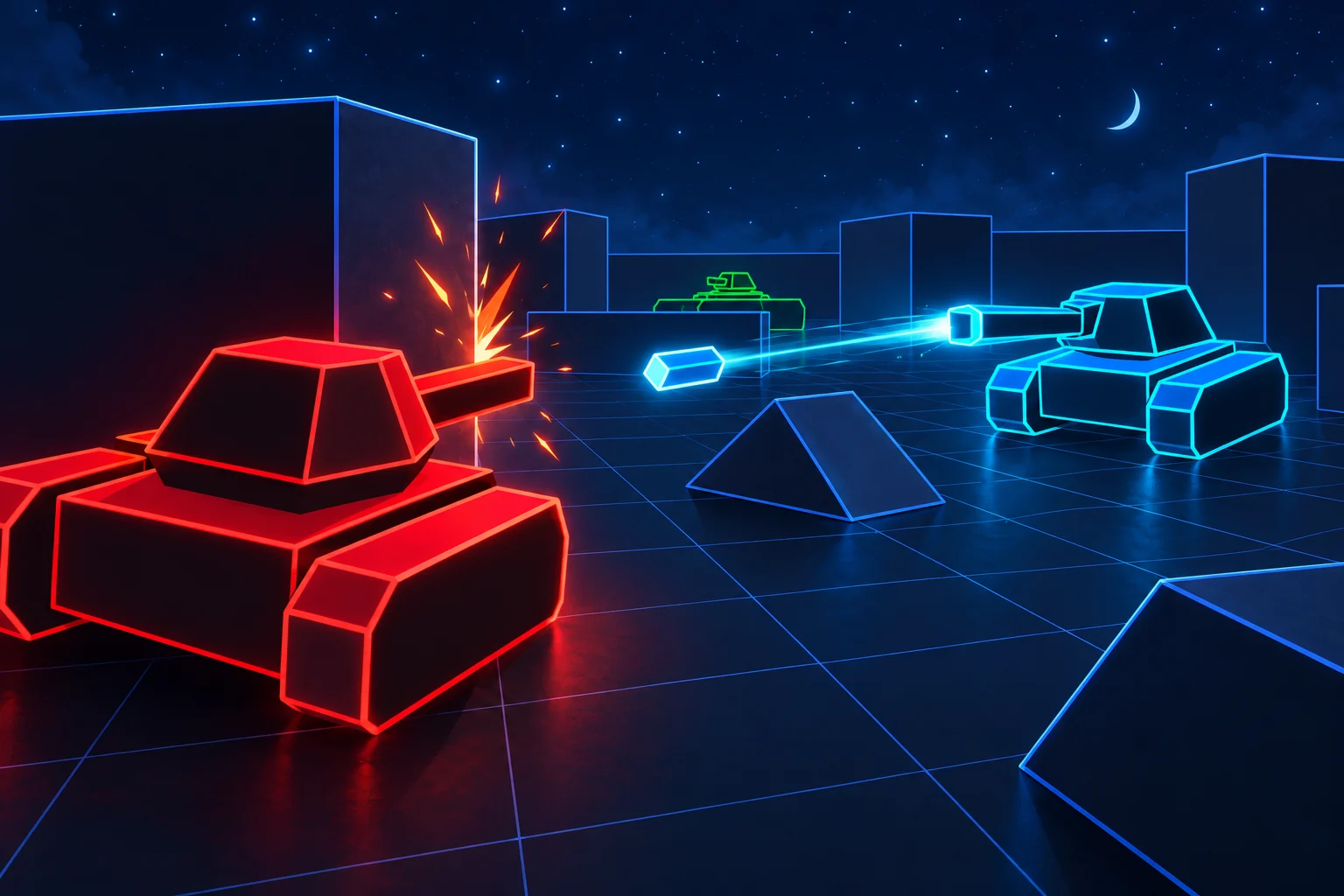 Promotional artwork: red and cyan tanks exchange fire between geometric walls under a crescent moon.