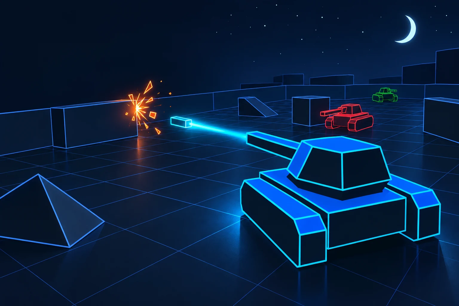 Promotional artwork: a blue wireframe tank fires across a moonlit arena toward red and green opponents.